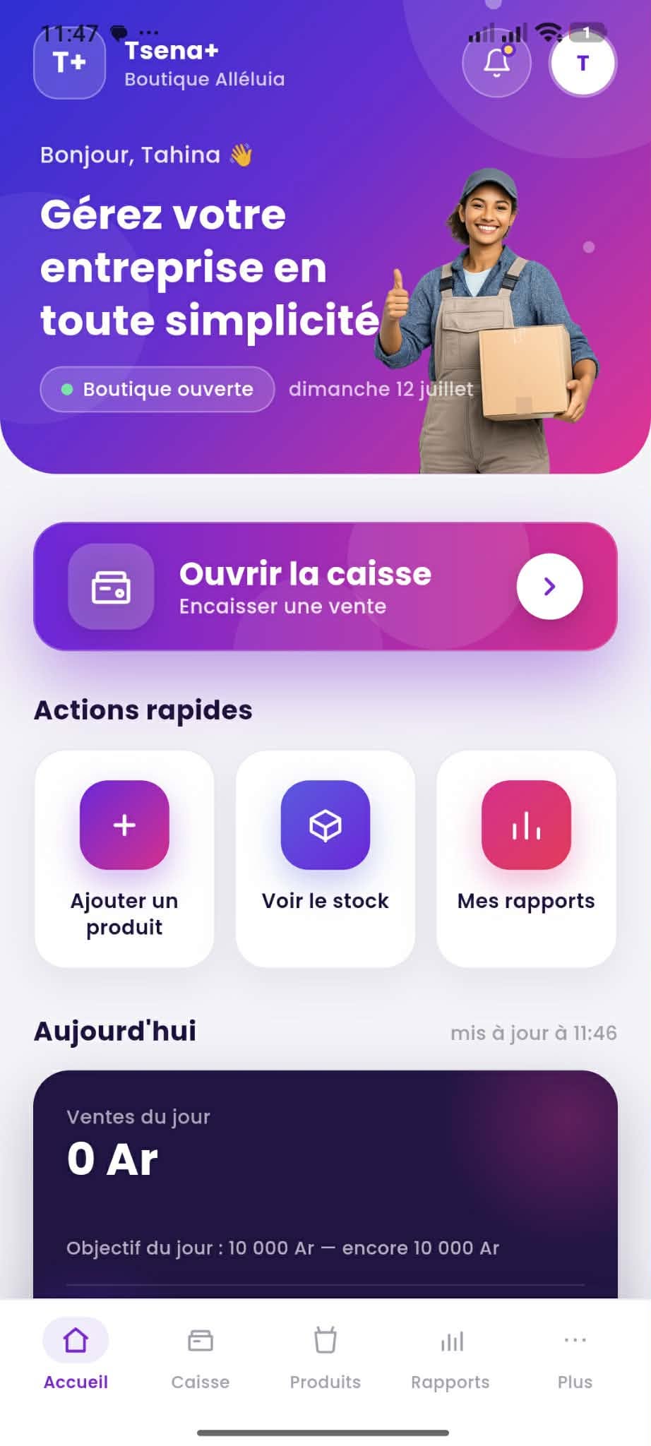 Écran d'accueil de l'application Tsena+